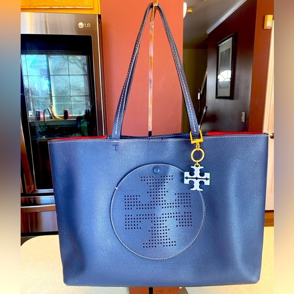 TORY BURCH Navy Blue Leather Perforated Logo Tote, Authentic. EUC - Picture 1 of 13